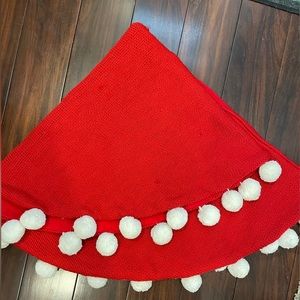 Red Knit Tree Skirt with Poms